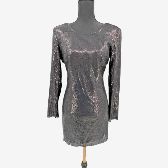 New Silence + Noise‎ Black Sequin Plunge Back Mini Dress Medium - Picture 2 of 9